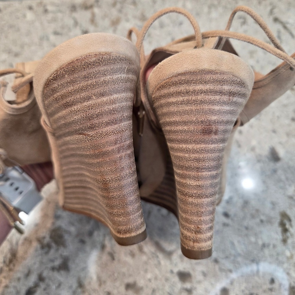 Aquazzura Firenze Tan Suede Lace Up Wedge Sandals Peep Toe‎  38 Made in Italy - Picture 10 of 14